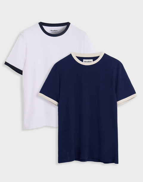 Threadbare Cotton Ringer T-Shirts in White & Navy - 2-pack flat lay