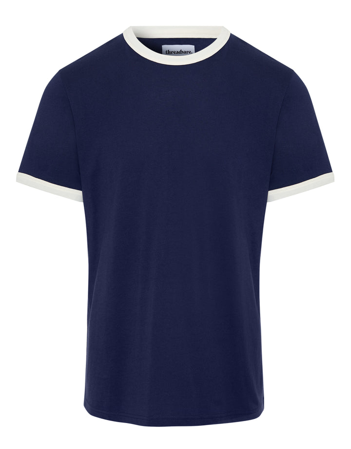Threadbare Cotton Ringer T-Shirt in Navy - flat lay