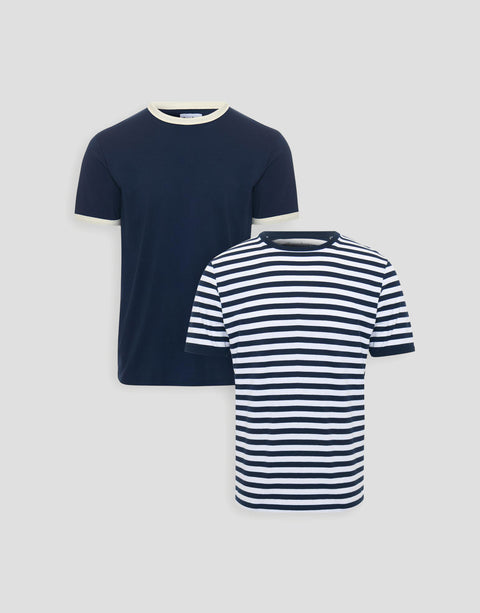 Threadbare 2 Pack Cotton Ringer T-Shirts in Navy Stripe - flat lay