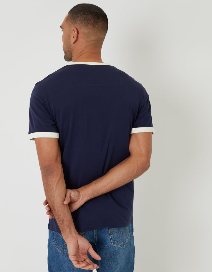 Threadbare Cotton Ringer T-Shirt in Navy - back view