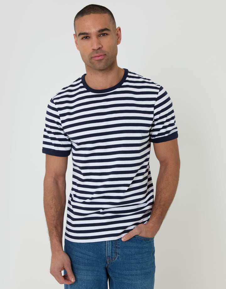 Threadbare Cotton Ringer T-Shirt in Navy Stripe - front view