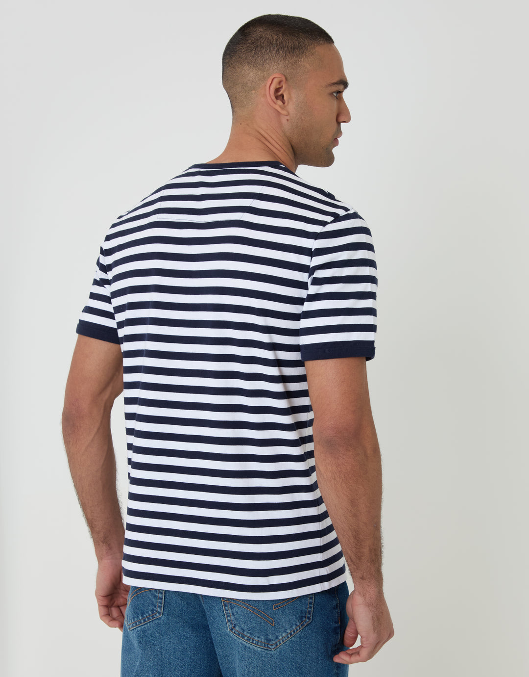 Threadbare Cotton Ringer T-Shirt in Navy Stripe - back view