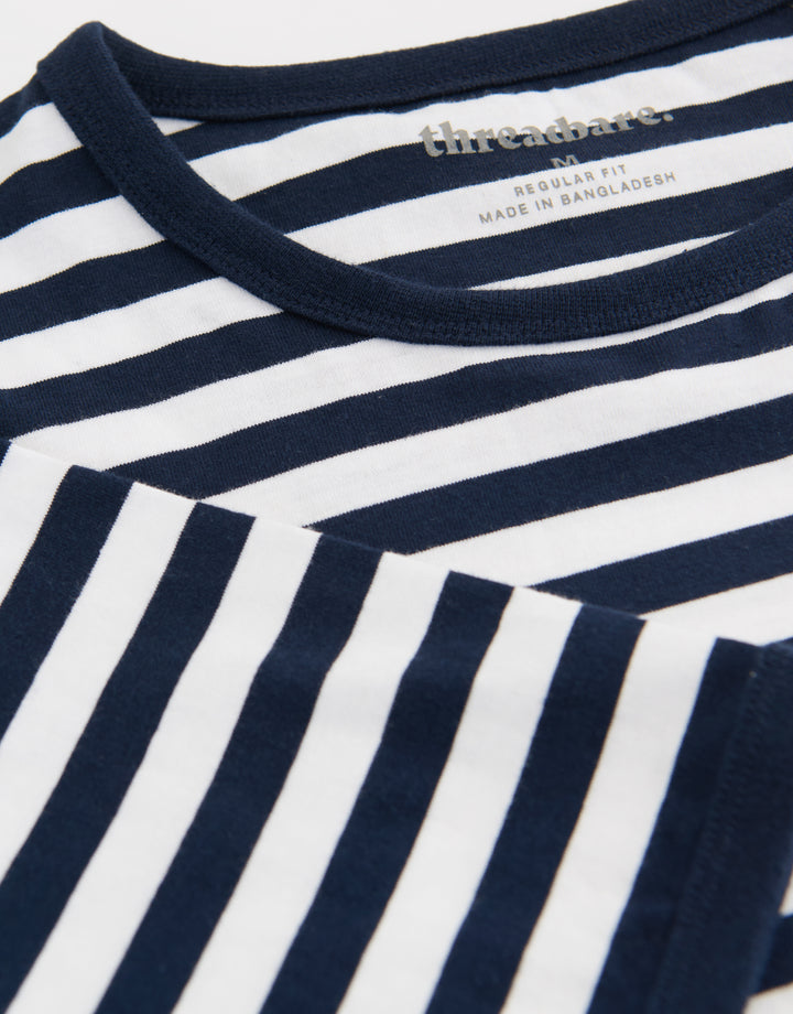 Threadbare Cotton Ringer T-Shirt in Navy Stripe - fabric close up