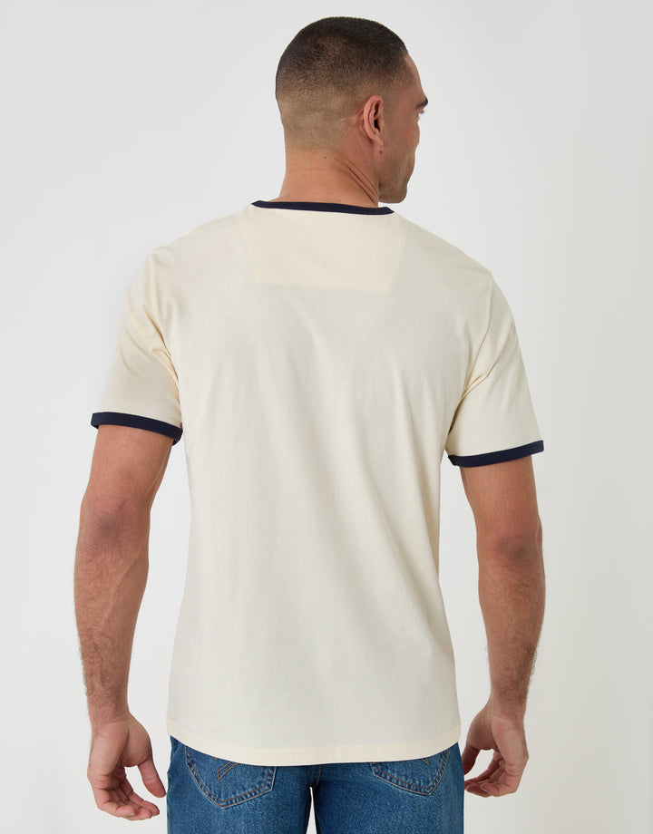 Threadbare Cotton Graphic Print Ringer T-Shirt in Ecru - back view