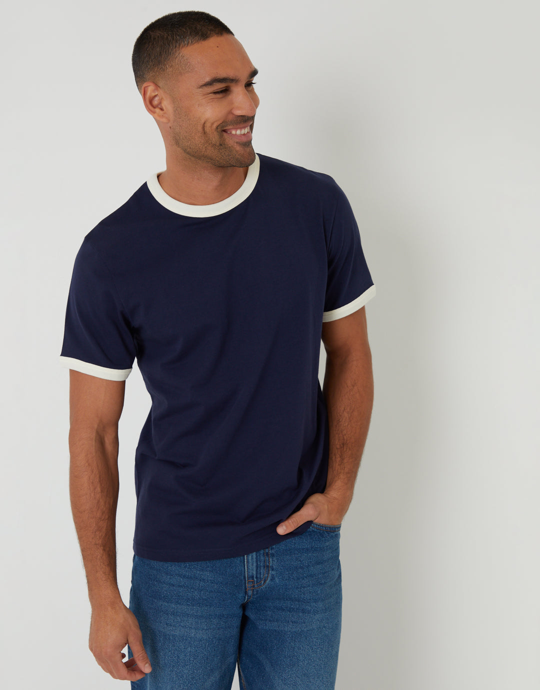 Threadbare Cotton Graphic Print Ringer T-Shirt in Navy - front view