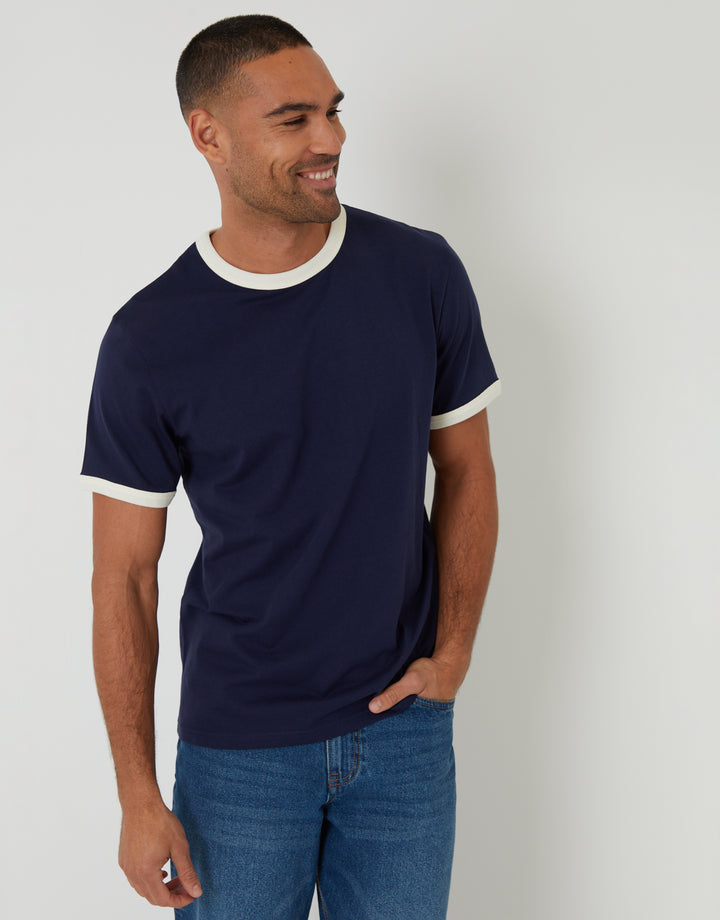 Threadbare Cotton Graphic Print Ringer T-Shirt in Navy - front view
