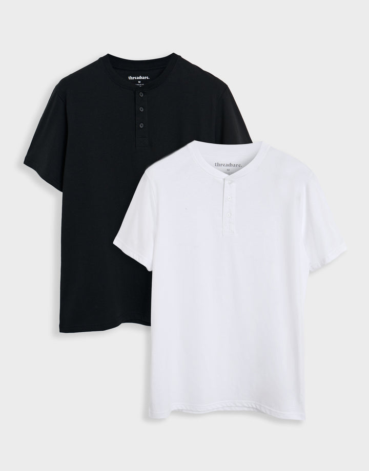 Threadbare Cotton Grandad Collar T-Shirts in Black & White - 2-pack flat lay