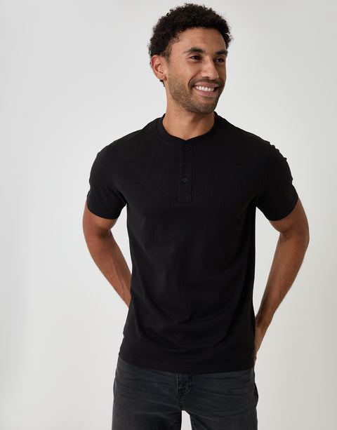 Threadbare Cotton Grandad Collar T-Shirt in Black - front view