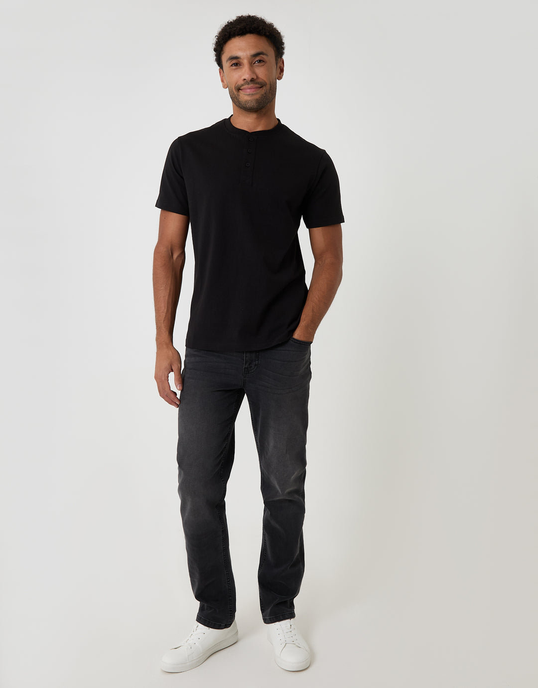 Threadbare Cotton Grandad Collar T-Shirt in Black - full body