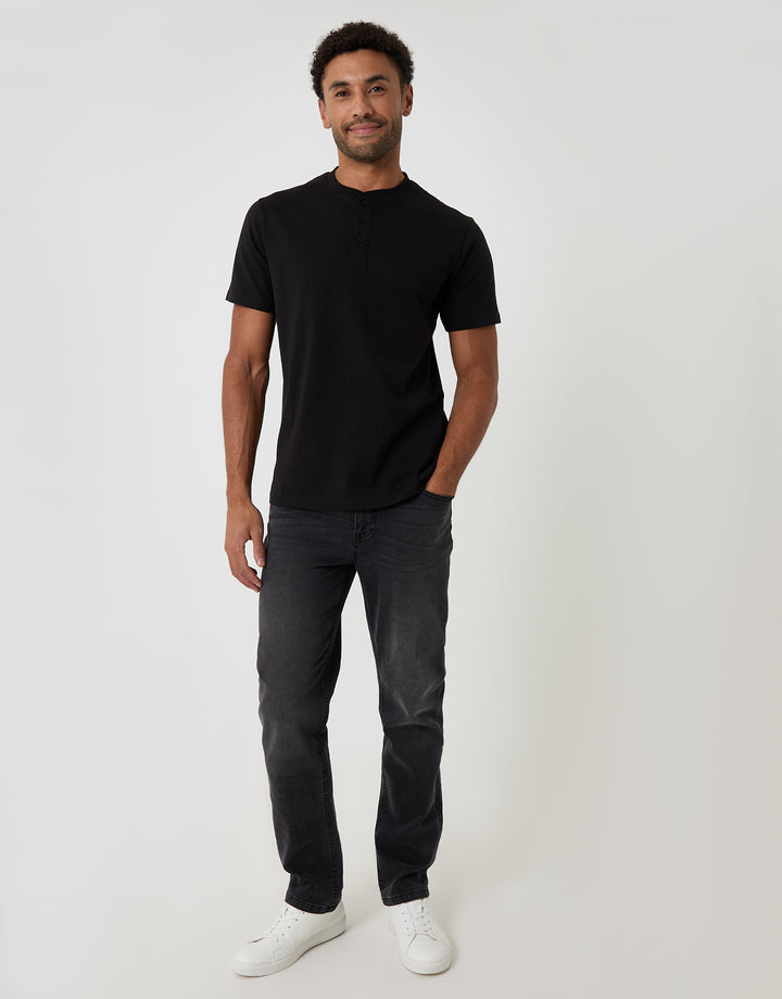 Threadbare Cotton Grandad Collar T-Shirt in Black - full body
