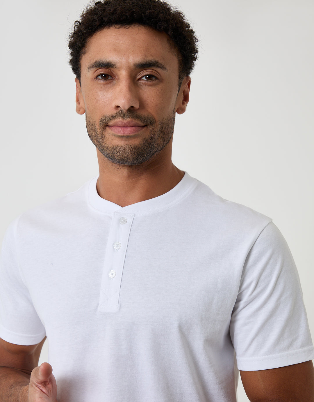 Threadbare Cotton Grandad Collar T-Shirt in White - collar close up
