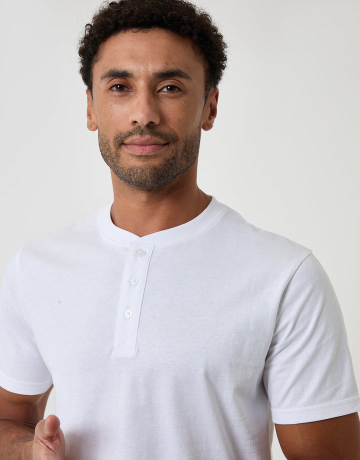 Threadbare Cotton Grandad Collar T-Shirt in White - collar close up