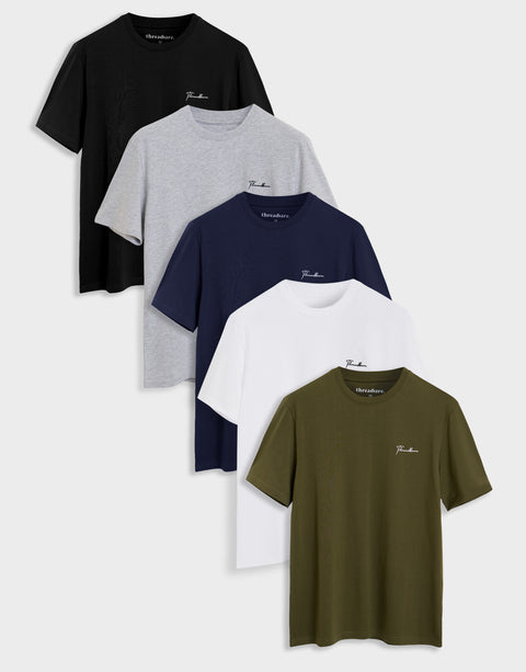 5 Pack Assorted Cotton Script T-Shirts in Black, Grey Marl, Navy, White & Khaki - flat lay