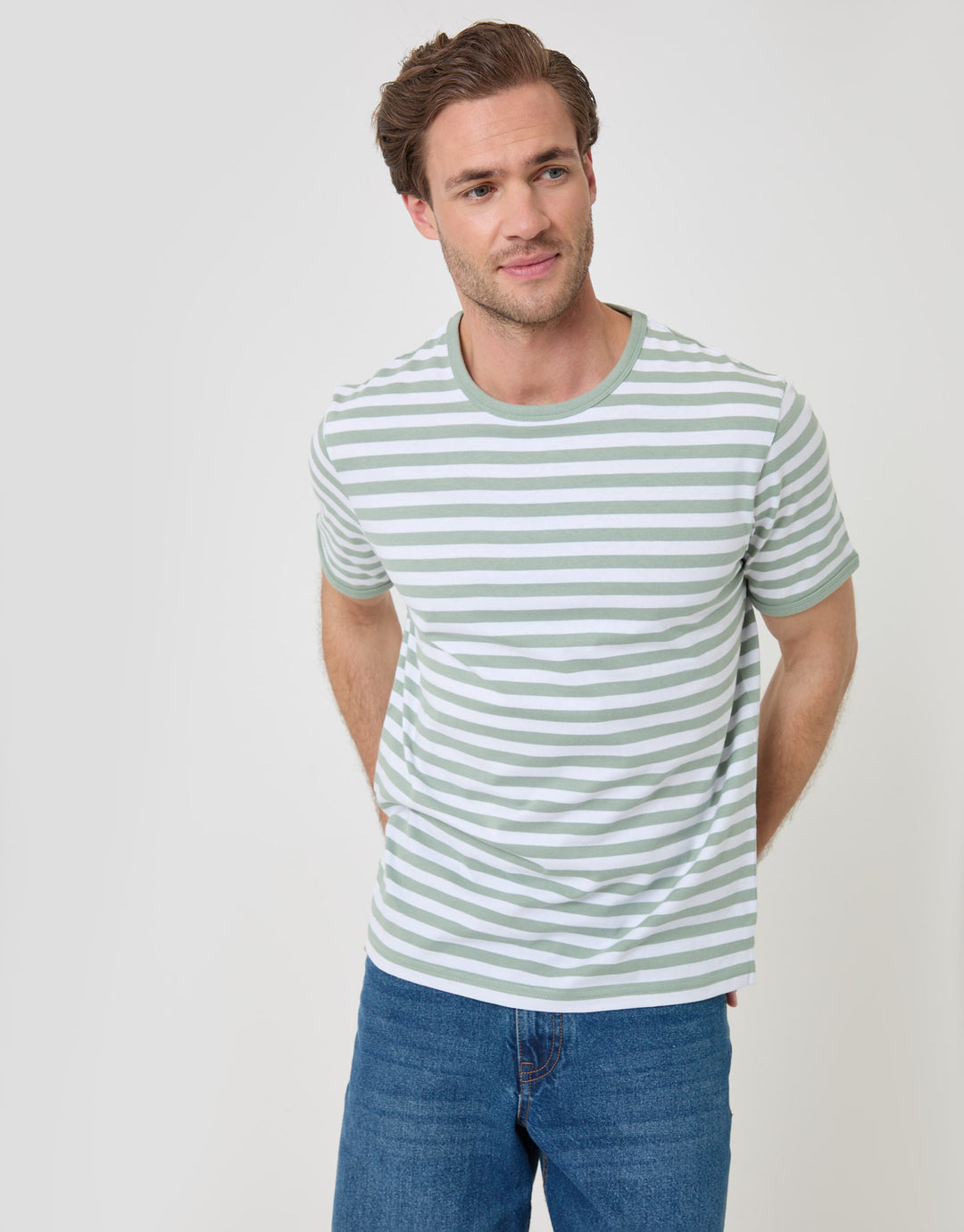 Threadbare Stripe Cotton Ringer T-Shirt in Sage Green - front view