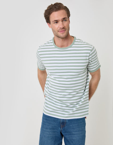 Threadbare Stripe Cotton Ringer T-Shirt in Sage Green - front view