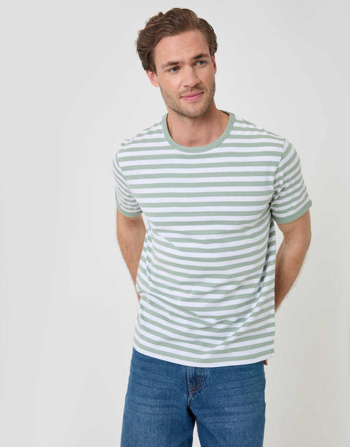 Threadbare Stripe Cotton Ringer T-Shirt in Sage Green - front view