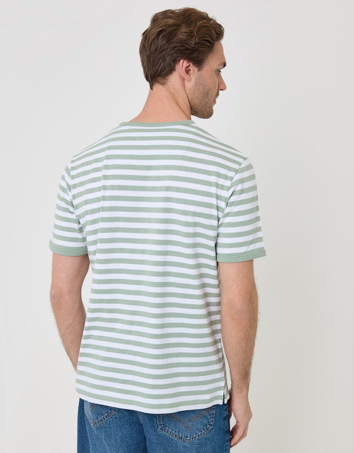 Threadbare Stripe Cotton Ringer T-Shirt in Sage Green - back view