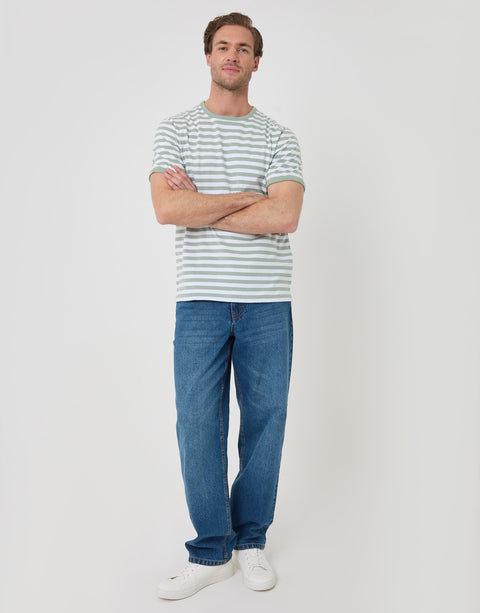 Threadbare Stripe Cotton Ringer T-Shirt in Sage Green - full body