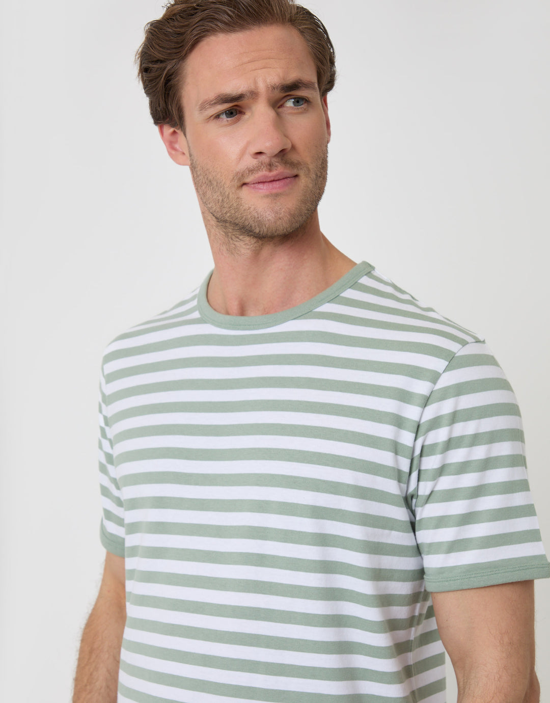 Threadbare Stripe Cotton Ringer T-Shirt in Sage Green - close up