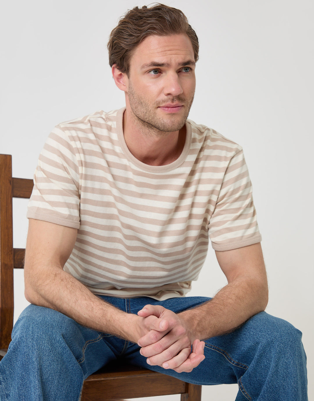 Threadbare Stripe Cotton Ringer T-Shirt in Stone - sat down
