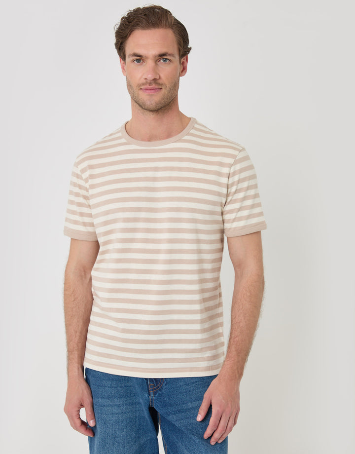 Threadbare Stripe Cotton Ringer T-Shirt in Stone - front view