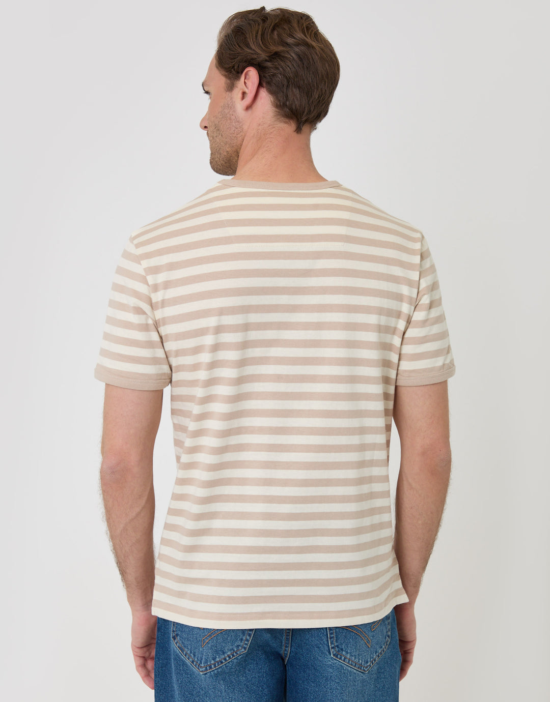 Threadbare Stripe Cotton Ringer T-Shirt in Stone - back view