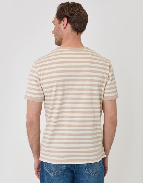 Threadbare Stripe Cotton Ringer T-Shirt in Stone - back view