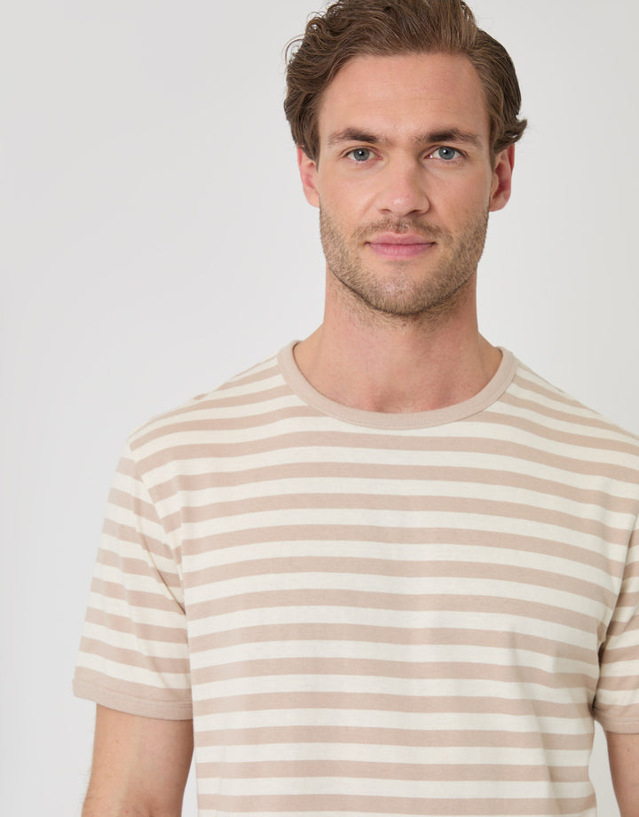 Threadbare Stripe Cotton Ringer T-Shirt in Stone - close up