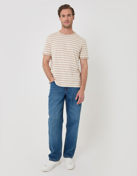 Threadbare Stripe Cotton Ringer T-Shirt in Stone - full body