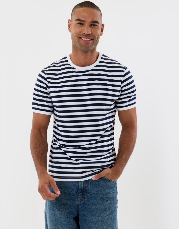 Threadbare Cotton Ringer T-Shirt in Navy Stripe - front view