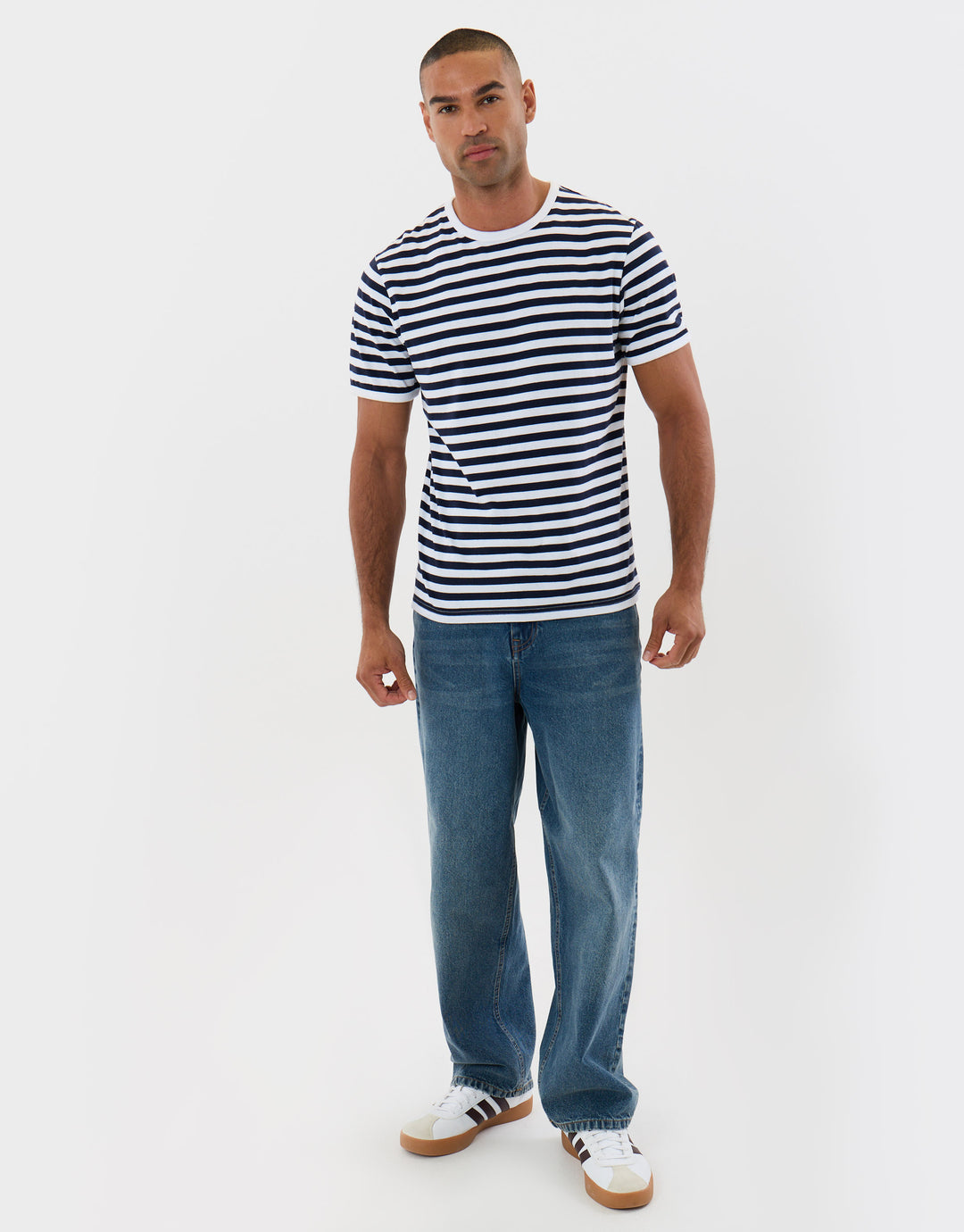 Threadbare Cotton Ringer T-Shirt in Navy Stripe - full body