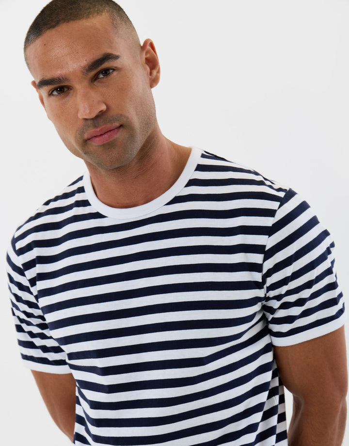 Threadbare Cotton Ringer T-Shirt in Navy Stripe - detail
