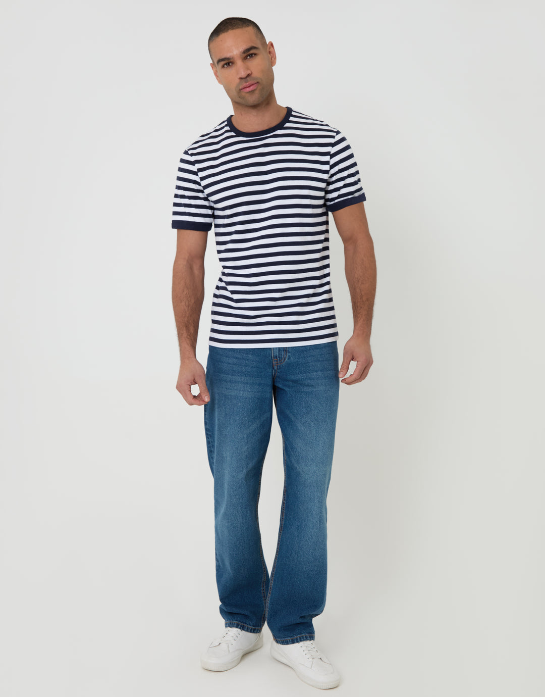 Threadbare Cotton Ringer T-Shirt in Navy Stripe - full body