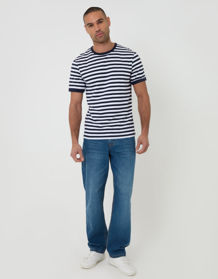 Threadbare Cotton Ringer T-Shirt in Navy Stripe - full body