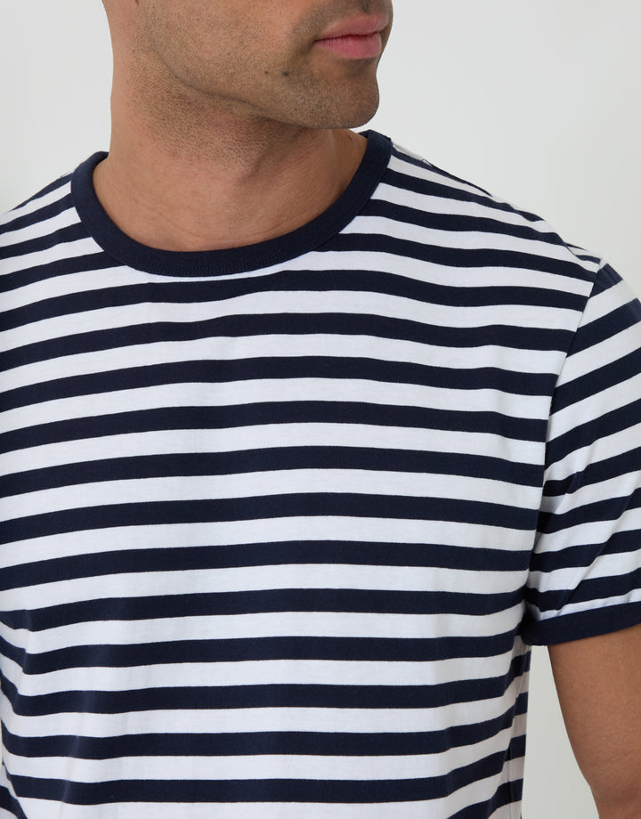 Threadbare Cotton Ringer T-Shirt in Navy Stripe - front view close up