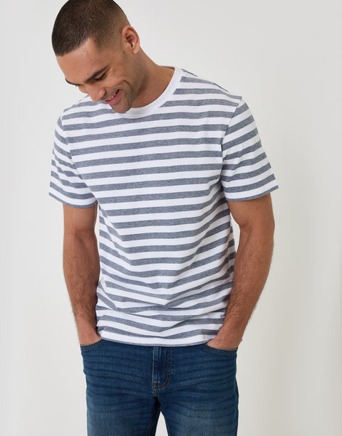 Threadbare Cotton Pique T-Shirt in Denim Blue Stripe - front view