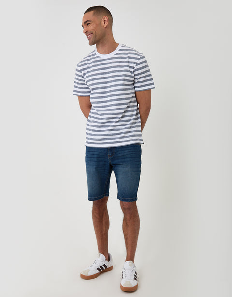 Threadbare Cotton Pique T-Shirt in Denim Blue Stripe - full body