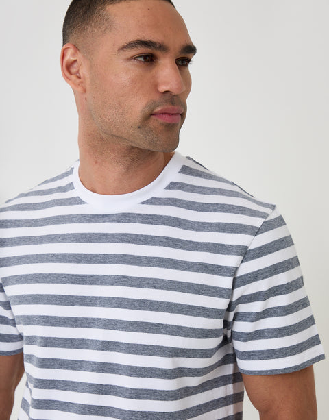 Threadbare Cotton Pique T-Shirt in Denim Blue Stripe - front view close up