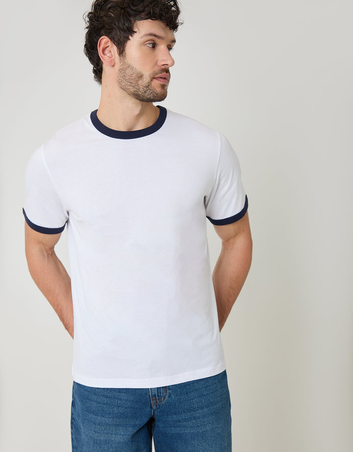Threadbare Cotton Ringer T-Shirt in White - front view