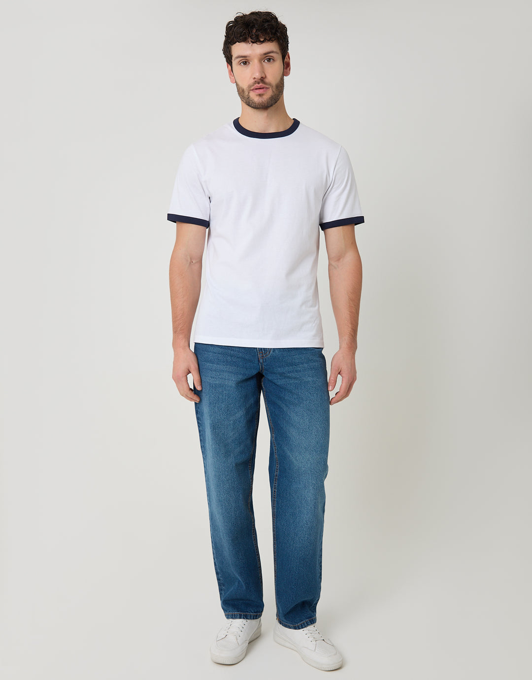 Threadbare Cotton Ringer T-Shirt in White - full body
