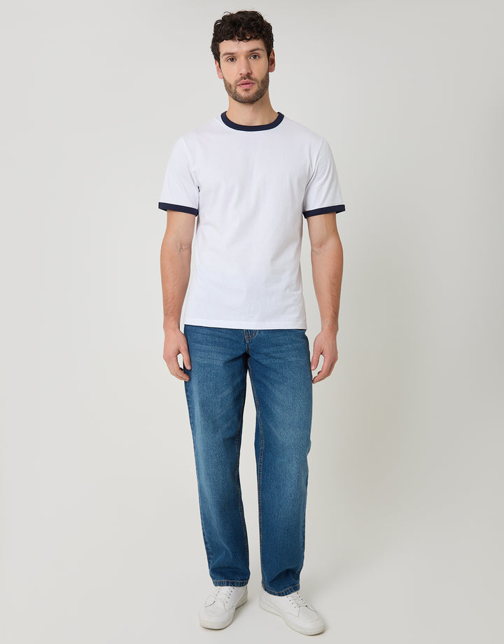 Threadbare Cotton Ringer T-Shirt in White - full body