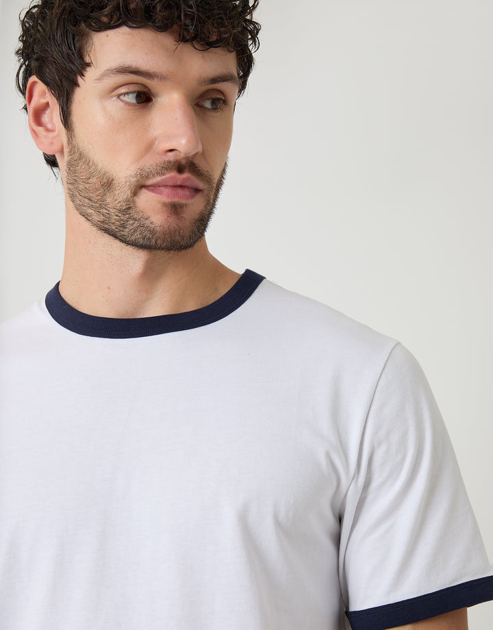 Threadbare Cotton Ringer T-Shirt in White - front view close up