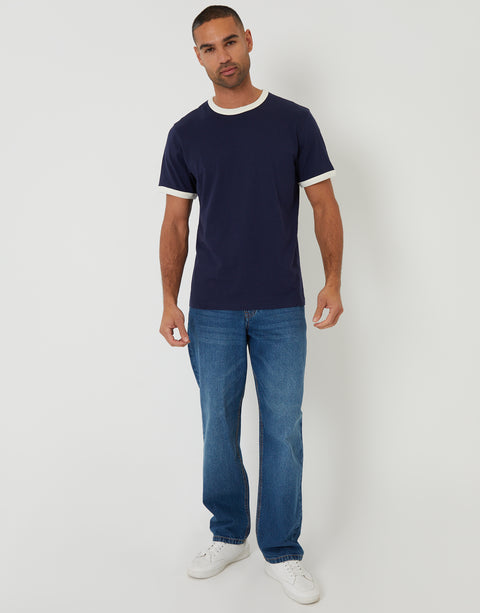 Threadbare Cotton Ringer T-Shirt in Navy - full body