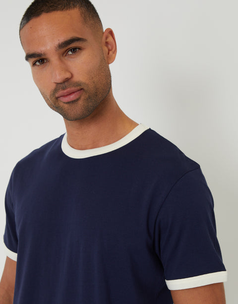 Threadbare Cotton Ringer T-Shirt in Navy - close up