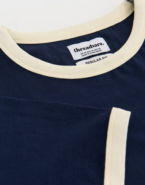 Threadbare Cotton Ringer T-Shirt in Navy - collar close up