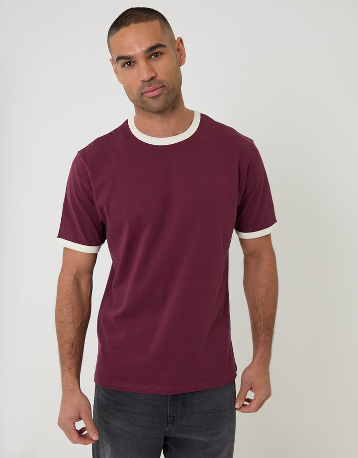 Threadbare Cotton Ringer T-Shirt in Burgundy - front view