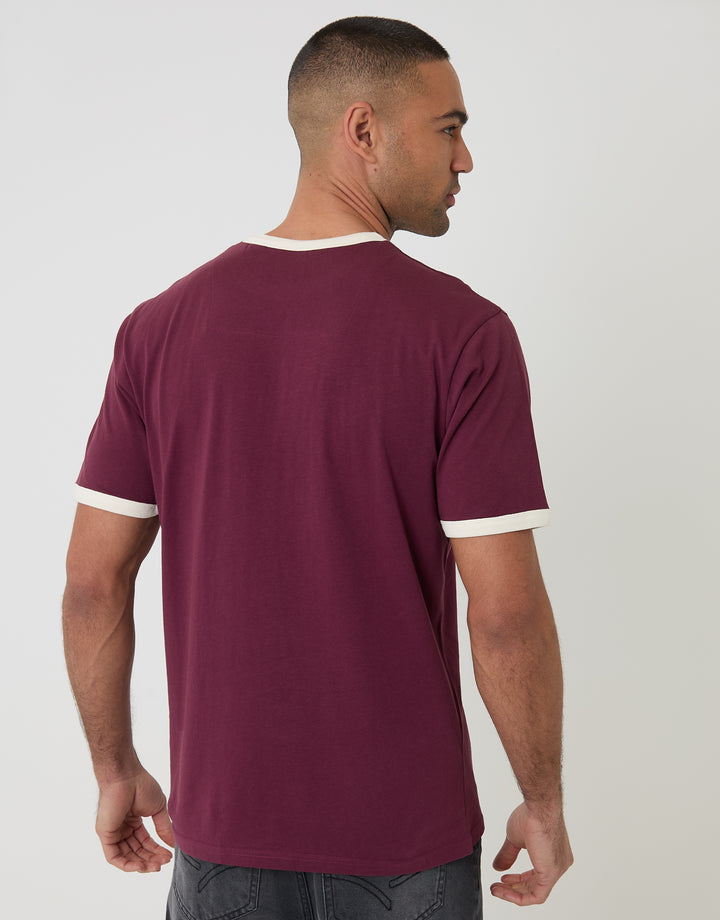 Threadbare Cotton Ringer T-Shirt in Burgundy - back view