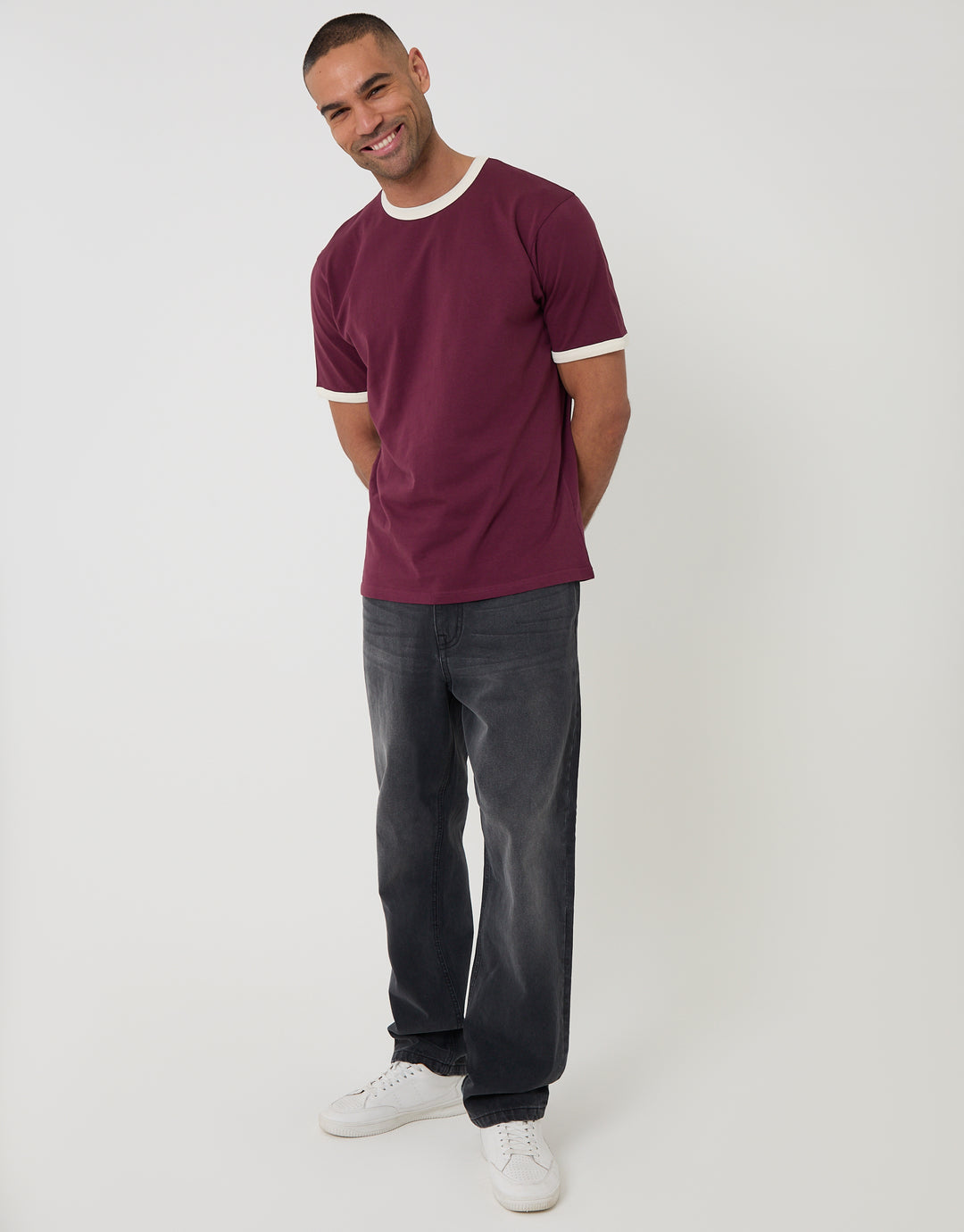 Threadbare Cotton Ringer T-Shirt in Burgundy - full body