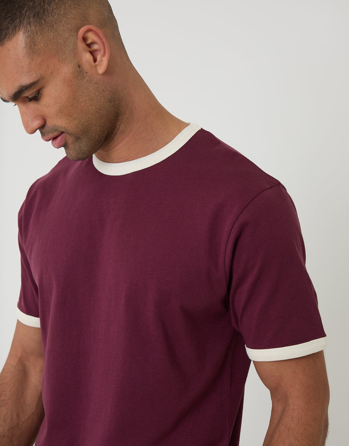 Threadbare Cotton Ringer T-Shirt in Burgundy - front view close up