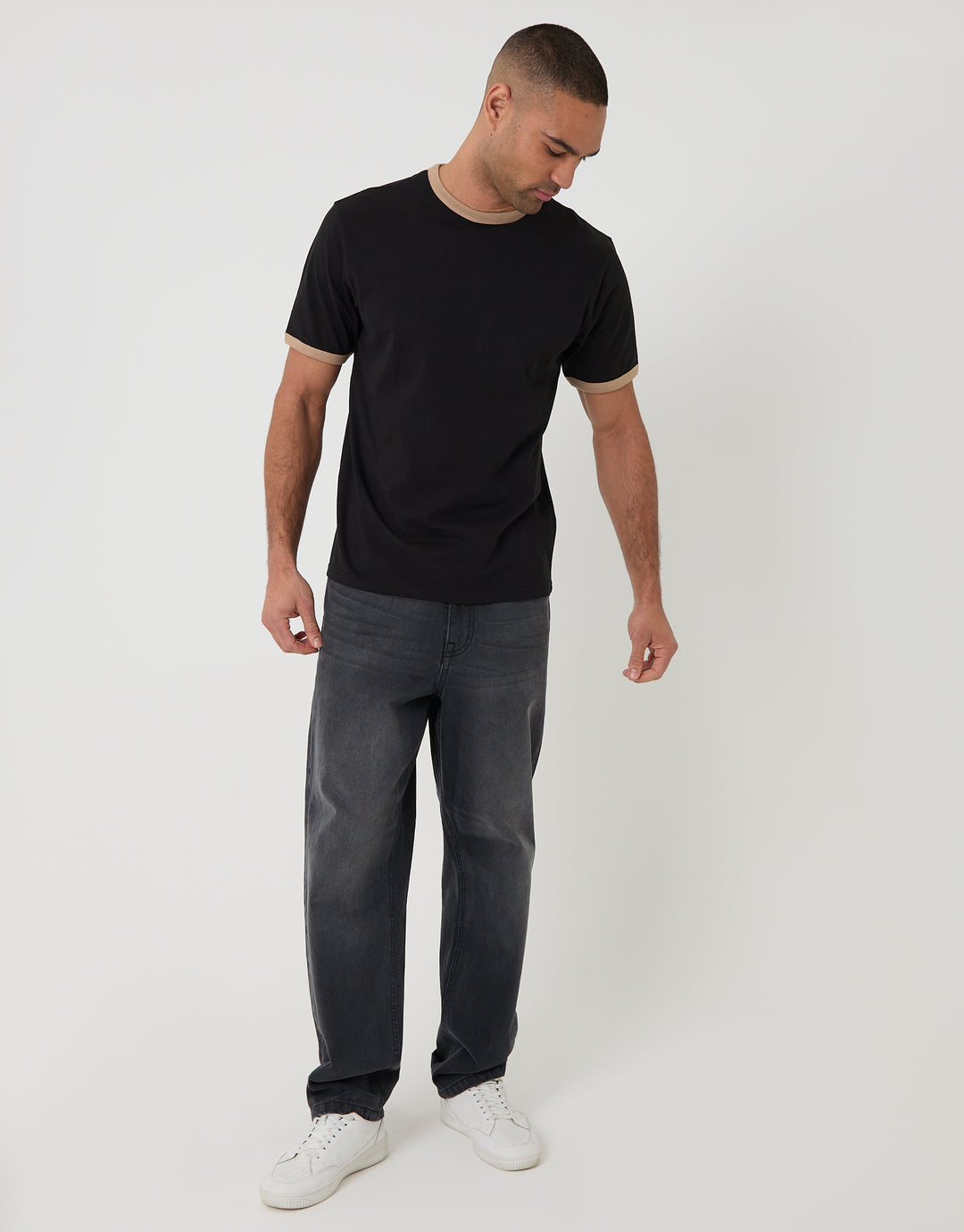 Threadbare Cotton Ringer T-Shirt in Black - full body